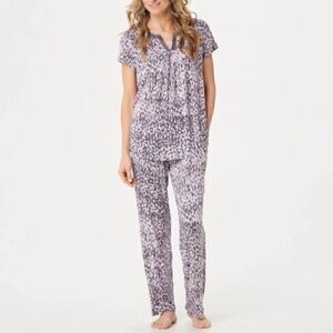 Carole Hochman Satin Trim 2-piece Short Sleeve Top & Bottoms Blue Pajama Set